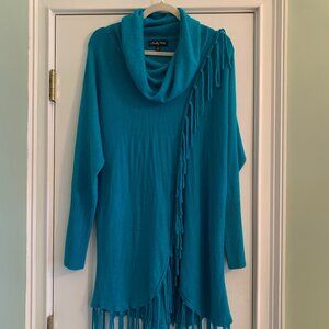 Novelty Stich Cowl Neck Medium Long Fringed Turquoise Sweater